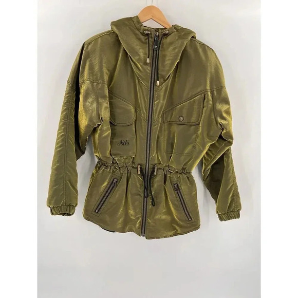 VINTAGE Womens Ski Jacket Nils Parka Snow Apres Iridescent Green Hood SIZE 10 EC - Picture 1 of 11